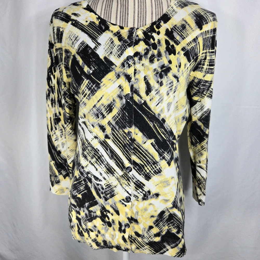 Christopher & Banks Yellow Black Abstract Pattern Button Down Cardigan Sz Medium